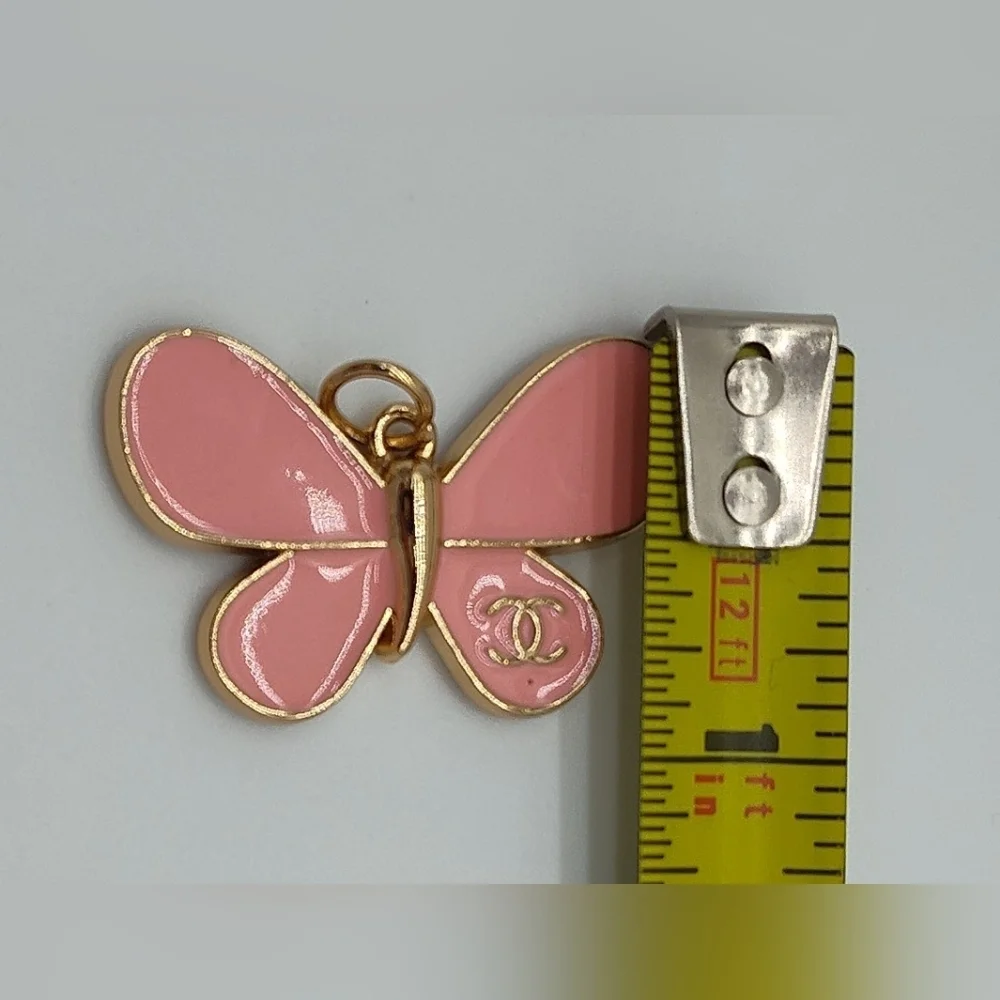 CHANEL Pink Enamel Butterfly Charms Set of 2 Karl Lagerfeld Era Signed Gold Tone